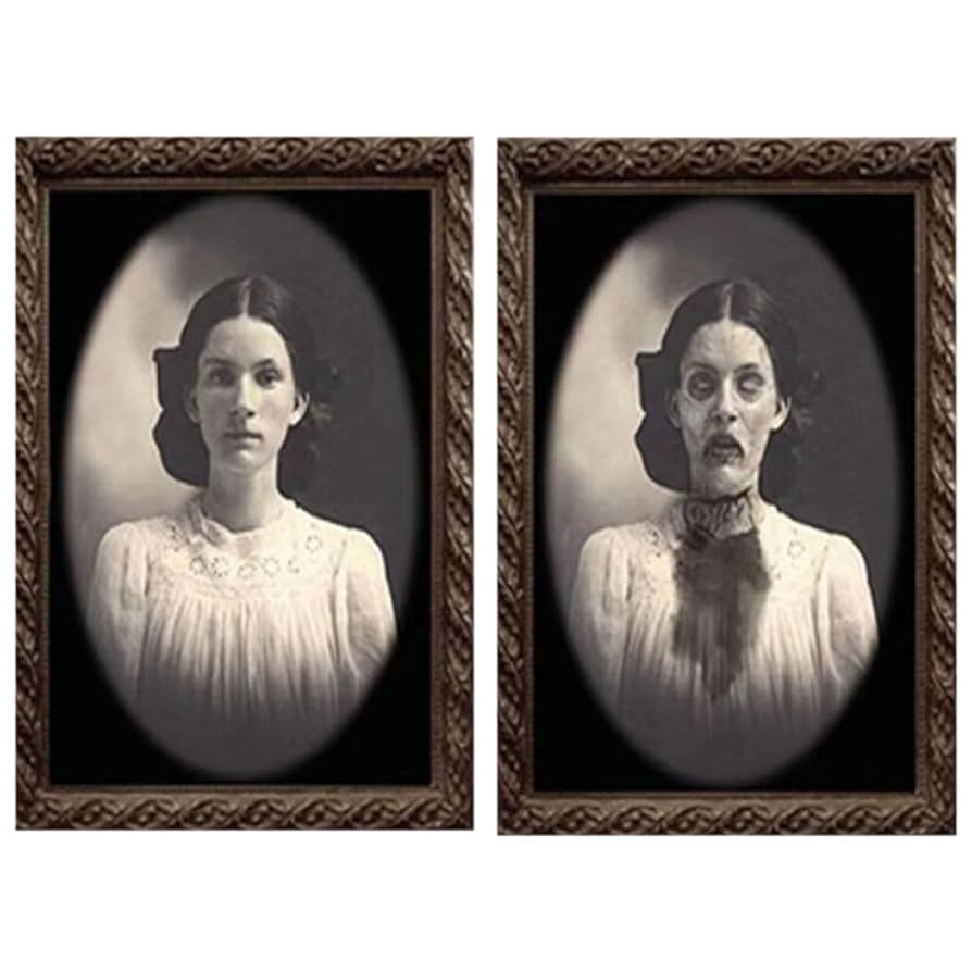 骸骨と女性の鉛筆画（フレーム付き） 奥行きのある頭蓋骨の絵画 アート 原画 アクリルフレーム